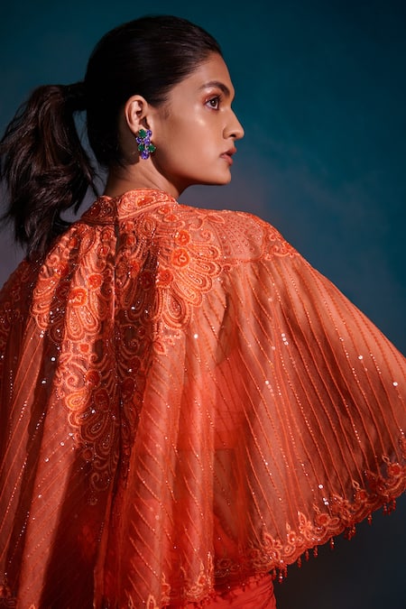Buy_Anjali Kanwar_Orange Organza, Chiffon Floral, Embroidered Cape And Pleated Skirt Set _Online_at_Aza_Fashions