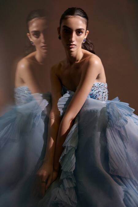 Shop Anjali Kanwar Blue Pure Silk Organza Stardust Sweetheart Neck Sheer Ruffle Gown Online at Aza Fashions Shop_Anjali Kanwar_Blue Pure Silk Organza Stardust Sweetheart Neck Sheer Ruffle Gown _Online_at_Aza_Fashions