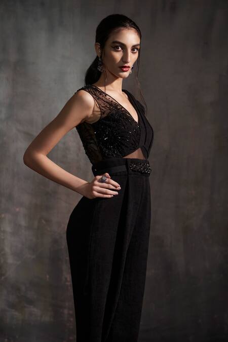 Anjali Kanwar Black Imported Pleated Fabric Stardust V Neck Embroidered Jumpsuit Online at Aza Fashions Anjali Kanwar_Black Imported Pleated Fabric Stardust V Neck Embroidered Jumpsuit _Online_at_Aza_Fashions