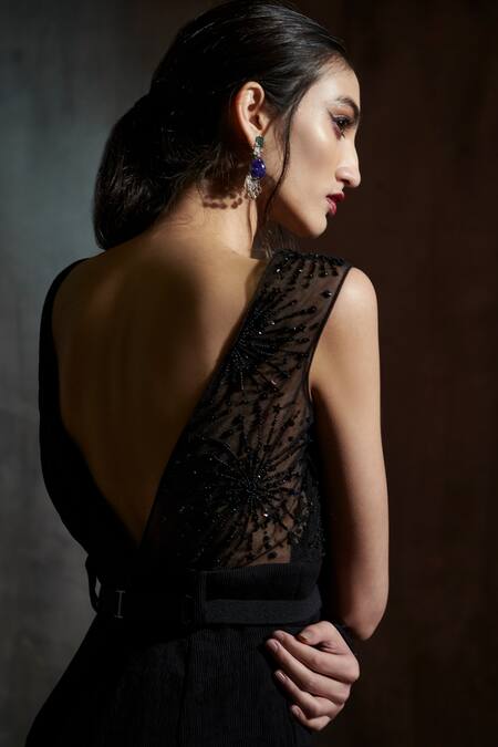 Shop Anjali Kanwar Black Imported Pleated Fabric Stardust V Neck Embroidered Jumpsuit Online at Aza Fashions Shop_Anjali Kanwar_Black Imported Pleated Fabric Stardust V Neck Embroidered Jumpsuit _Online_at_Aza_Fashions