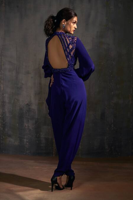 Shop Anjali Kanwar Blue Net, Pure Silk Crepe Sequin Round Embroidered Jumpsuit at Aza Fashions Shop_Anjali Kanwar_Blue Net, Pure Silk Crepe Sequin Round Embroidered Jumpsuit _at_Aza_Fashions