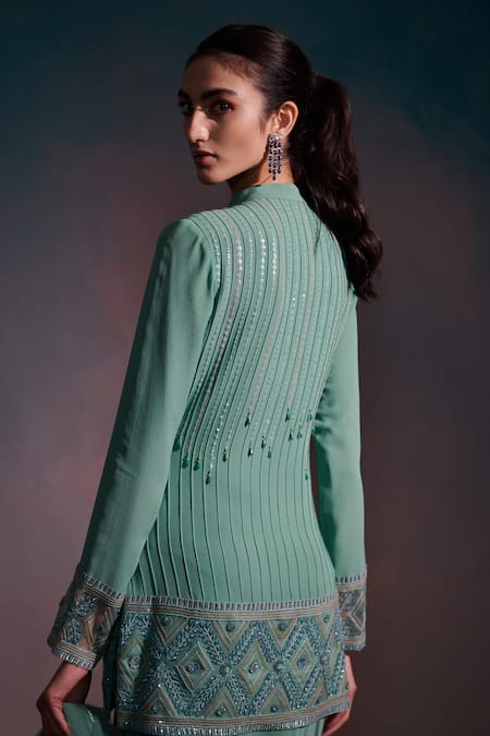 Shop Anjali Kanwar Green Net, Pure Georgette Sequin Mandarin Embroidered Kurta Draped Skirt Set at Aza Fashions Shop_Anjali Kanwar_Green Net, Pure Georgette Sequin Mandarin Embroidered Kurta Draped Skirt Set _at_Aza_Fashions