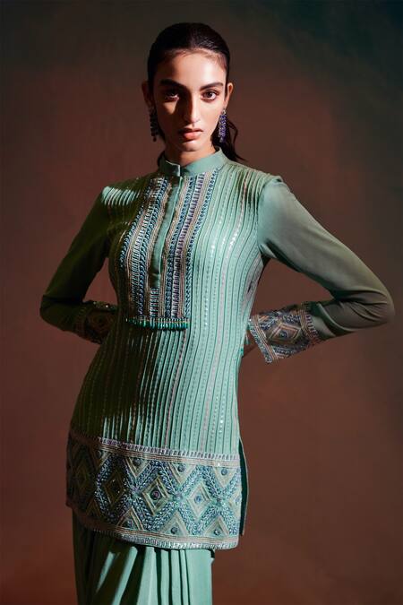 Buy Anjali Kanwar Green Net, Pure Georgette Sequin Mandarin Embroidered Kurta Draped Skirt Set Online at Aza Fashions Buy_Anjali Kanwar_Green Net, Pure Georgette Sequin Mandarin Embroidered Kurta Draped Skirt Set _Online_at_Aza_Fashions