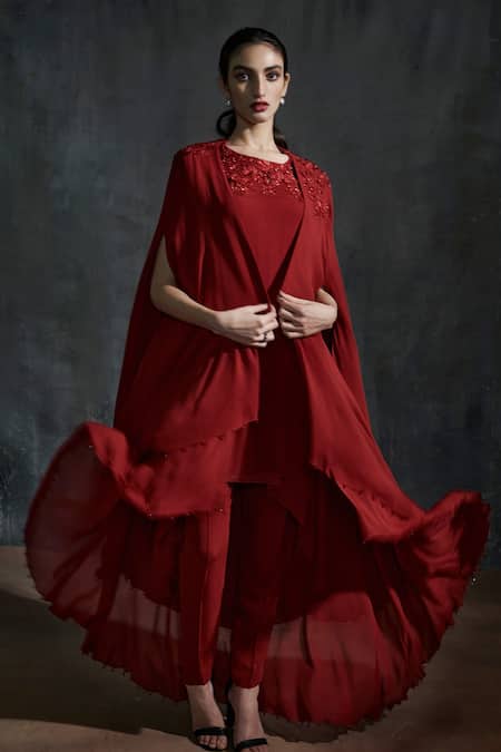 Anjali Kanwar Maroon Georgette Floral Open Embroidered Cape And Kurta Set Online at Aza Fashions Anjali Kanwar_Maroon Georgette Floral Open Embroidered Cape And Kurta Set _Online_at_Aza_Fashions