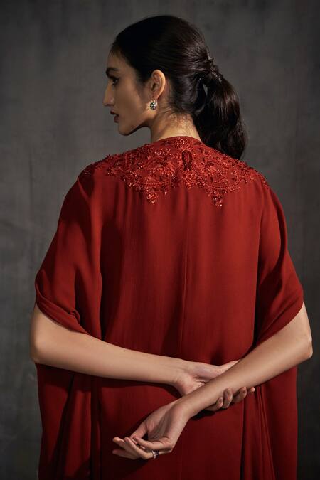 Shop Anjali Kanwar Maroon Georgette Floral Open Embroidered Cape And Kurta Set at Aza Fashions Shop_Anjali Kanwar_Maroon Georgette Floral Open Embroidered Cape And Kurta Set _at_Aza_Fashions