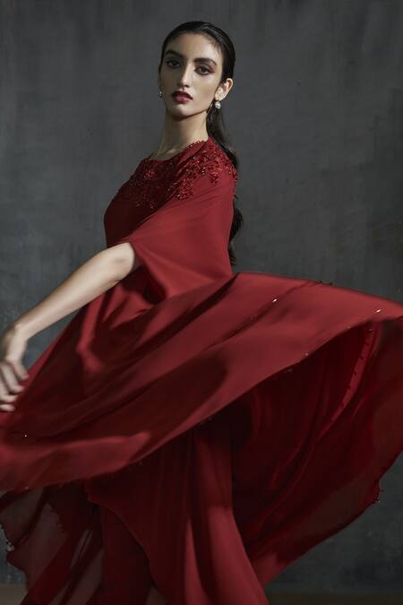 Buy Anjali Kanwar Maroon Georgette Floral Open Embroidered Cape And Kurta Set Online at Aza Fashions Buy_Anjali Kanwar_Maroon Georgette Floral Open Embroidered Cape And Kurta Set _Online_at_Aza_Fashions