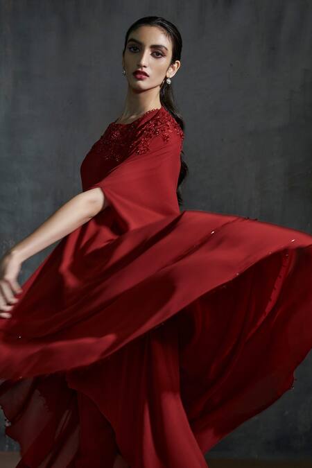 Shop Anjali Kanwar Maroon Georgette Floral Open Embroidered Cape And Kurta Set Online at Aza Fashions Shop_Anjali Kanwar_Maroon Georgette Floral Open Embroidered Cape And Kurta Set _Online_at_Aza_Fashions