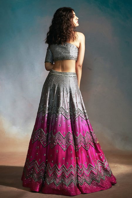 Shop Anjali Kanwar Grey Net, Dupion Silk Chevron, Metallic Stripes Embroidered Lehenga Set at Aza Fashions Shop_Anjali Kanwar_Grey Net, Dupion Silk Chevron, Metallic Stripes Embroidered Lehenga Set _at_Aza_Fashions