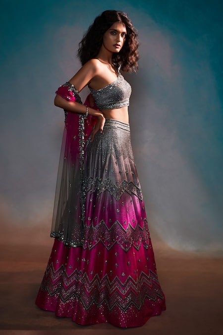 Anjali Kanwar Grey Net, Dupion Silk Chevron, Metallic Stripes Embroidered Lehenga Set Online at Aza Fashions Anjali Kanwar_Grey Net, Dupion Silk Chevron, Metallic Stripes Embroidered Lehenga Set _Online_at_Aza_Fashions
