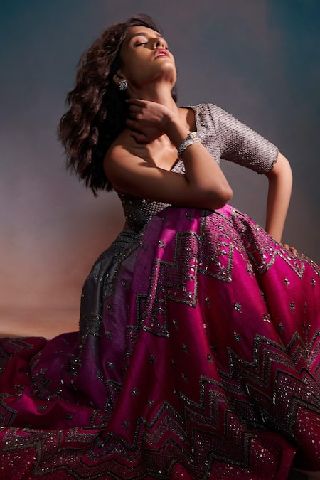 Buy Anjali Kanwar Grey Net, Dupion Silk Chevron, Metallic Stripes Embroidered Lehenga Set Online at Aza Fashions Buy_Anjali Kanwar_Grey Net, Dupion Silk Chevron, Metallic Stripes Embroidered Lehenga Set _Online_at_Aza_Fashions