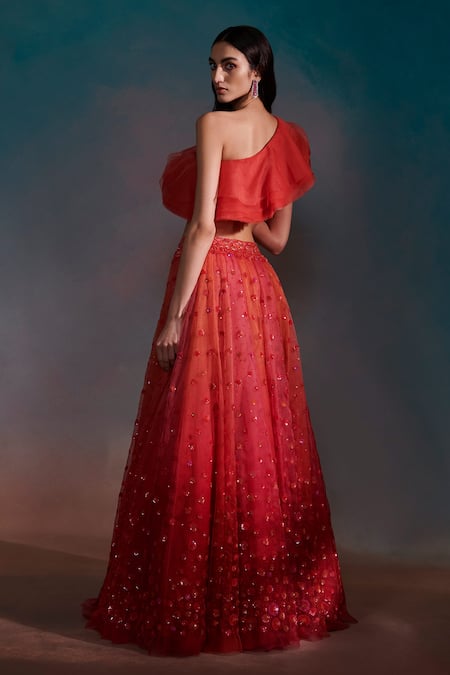 Shop Anjali Kanwar Red Net, Silk Organza Floral, Sequin Asymmetric Embroidered Lehenga Set at Aza Fashions Shop_Anjali Kanwar_Red Net, Silk Organza Floral, Sequin Asymmetric Embroidered Lehenga Set _at_Aza_Fashions