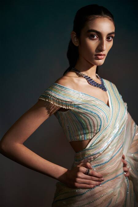 Shop_Anjali Kanwar_White Pure Sheer Silk Sequin Sweetheart Neck Striped Saree Set _Online_at_Aza_Fashions