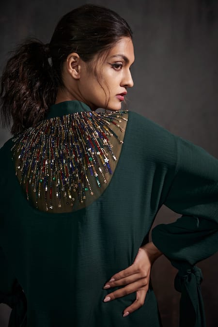 Shop Anjali Kanwar Green Imported Twill Georgette Stardust Mandarin Collar Shirt And Pant Set at Aza Fashions Shop_Anjali Kanwar_Green Imported Twill Georgette Stardust Mandarin Collar Shirt And Pant Set _at_Aza_Fashions