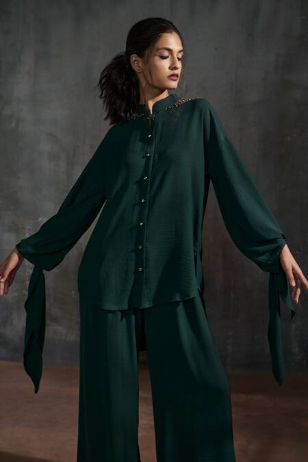 Anjali Kanwar Green Imported Twill Georgette Stardust Mandarin Collar Shirt And Pant Set Online at Aza Fashions Anjali Kanwar_Green Imported Twill Georgette Stardust Mandarin Collar Shirt And Pant Set _Online_at_Aza_Fashions