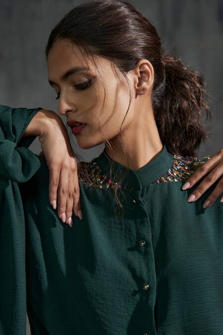 Shop Anjali Kanwar Green Imported Twill Georgette Stardust Mandarin Collar Shirt And Pant Set Online at Aza Fashions Shop_Anjali Kanwar_Green Imported Twill Georgette Stardust Mandarin Collar Shirt And Pant Set _Online_at_Aza_Fashions