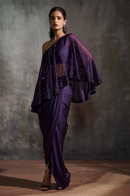 Anjali Kanwar Purple Satin, Silk Organza Sequin Asymmetric Embroidered Cape And Draped Skirt Set Online at Aza Fashions Anjali Kanwar_Purple Satin, Silk Organza Sequin Asymmetric Embroidered Cape And Draped Skirt Set _Online_at_Aza_Fashions