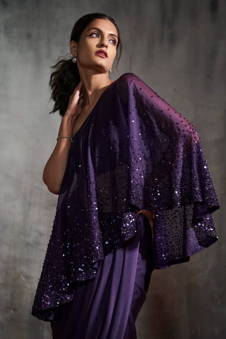 Shop Anjali Kanwar Purple Satin, Silk Organza Sequin Asymmetric Embroidered Cape And Draped Skirt Set at Aza Fashions Shop_Anjali Kanwar_Purple Satin, Silk Organza Sequin Asymmetric Embroidered Cape And Draped Skirt Set _at_Aza_Fashions