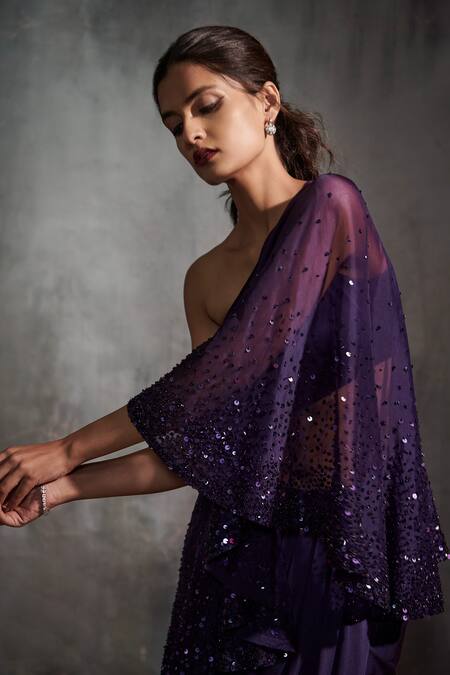 Shop Anjali Kanwar Purple Satin, Silk Organza Sequin Asymmetric Embroidered Cape And Draped Skirt Set Online at Aza Fashions Shop_Anjali Kanwar_Purple Satin, Silk Organza Sequin Asymmetric Embroidered Cape And Draped Skirt Set _Online_at_Aza_Fashions