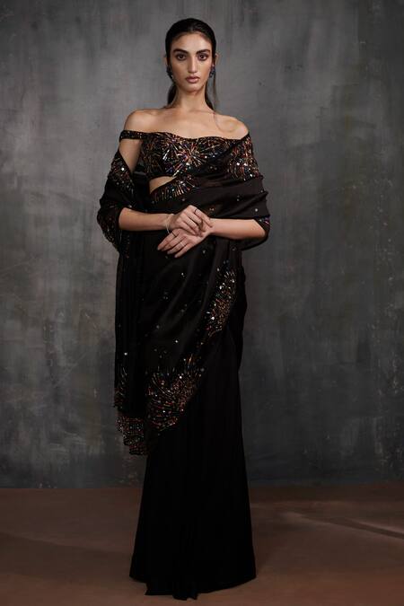 Anjali Kanwar Black Net, Pure Georgette Stardust Embroidered Pre-draped Saree With Blouse Online at Aza Fashions Anjali Kanwar_Black Net, Pure Georgette Stardust Embroidered Pre-draped Saree With Blouse _Online_at_Aza_Fashions