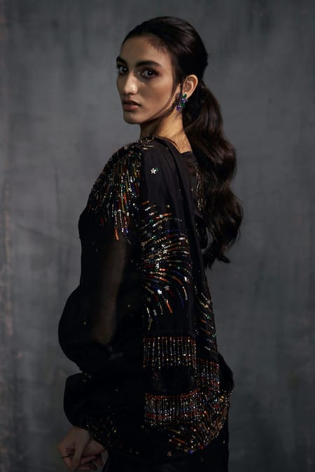 Shop Anjali Kanwar Black Net, Pure Georgette Stardust Embroidered Pre-draped Saree With Blouse at Aza Fashions Shop_Anjali Kanwar_Black Net, Pure Georgette Stardust Embroidered Pre-draped Saree With Blouse _at_Aza_Fashions