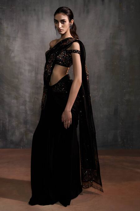 Buy Anjali Kanwar Black Net, Pure Georgette Stardust Embroidered Pre-draped Saree With Blouse Online at Aza Fashions Buy_Anjali Kanwar_Black Net, Pure Georgette Stardust Embroidered Pre-draped Saree With Blouse _Online_at_Aza_Fashions