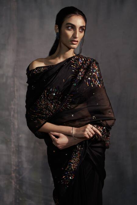 Shop Anjali Kanwar Black Net, Pure Georgette Stardust Embroidered Pre-draped Saree With Blouse Online at Aza Fashions Shop_Anjali Kanwar_Black Net, Pure Georgette Stardust Embroidered Pre-draped Saree With Blouse _Online_at_Aza_Fashions