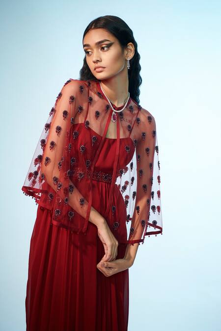 Anjali Kanwar Maroon Silk Georgette Embroidery Crystals Gown Sweetheart Neck Cape With Online at Aza Fashions Anjali Kanwar_Maroon Silk Georgette Embroidery Crystals Gown Sweetheart Neck Cape With _Online_at_Aza_Fashions