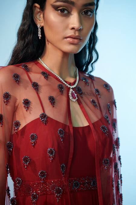 Buy Anjali Kanwar Maroon Silk Georgette Embroidery Crystals Gown Sweetheart Neck Cape With Online at Aza Fashions Buy_Anjali Kanwar_Maroon Silk Georgette Embroidery Crystals Gown Sweetheart Neck Cape With _Online_at_Aza_Fashions