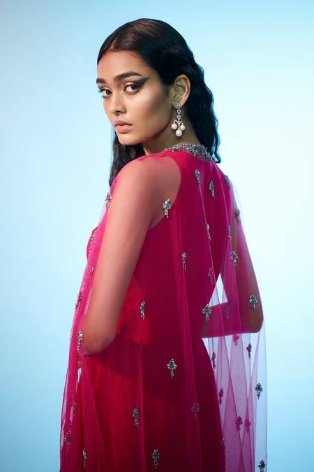 Anjali Kanwar_Fuchsia Tulle, Silk Satin Beads Cape Open, Tunic Round Embroidered Skirt Set_Online_at_Aza_Fashions
