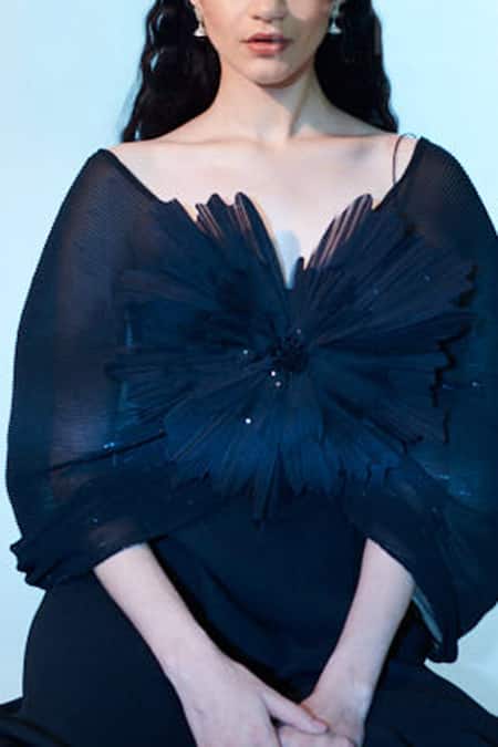 Buy_Anjali Kanwar_Black Polyester Pleated Crepe Handmade Organza Flower And Sequins V Neck Jumpsuit_Online_at_Aza_Fashions