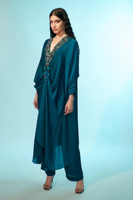 Anjali Kanwar_Green Viscose Satin Sequin And Czech Beads V Neck Draped Tunic & Pant Set_Online_at_Aza_Fashions