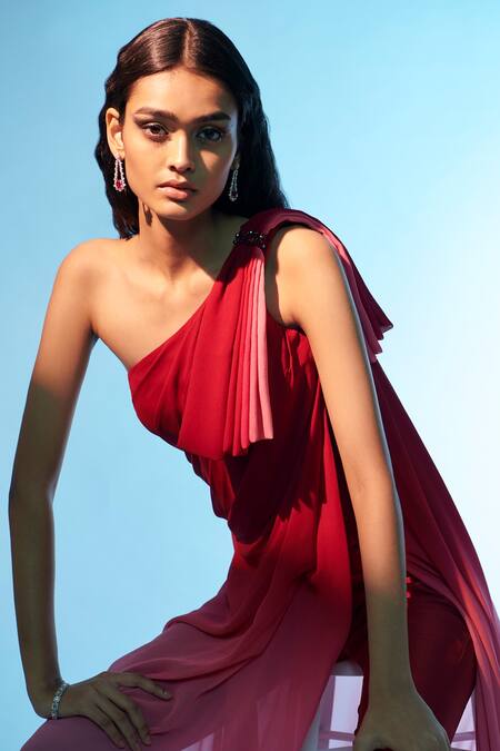 Anjali Kanwar Red Silk Georgette Embroidery Beads One Shoulder Bow Detailed Top And Pant Set Online at Aza Fashions Anjali Kanwar_Red Silk Georgette Embroidery Beads One Shoulder Bow Detailed Top And Pant Set _Online_at_Aza_Fashions