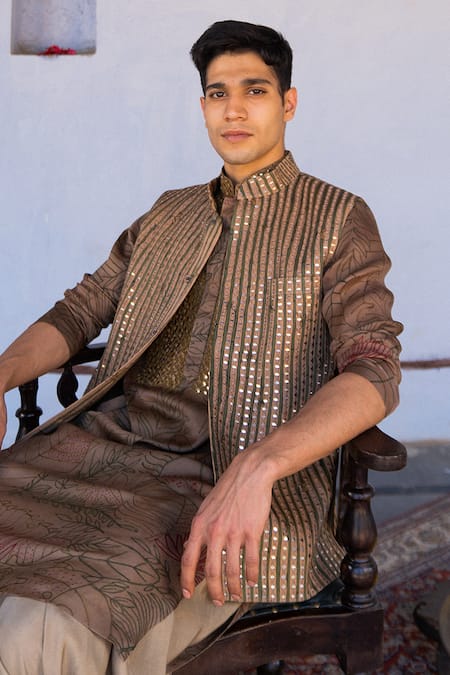 Shop_Archana Jaju_Brown Kurta Silk Bemeberg, Pant Dupion Leaf, Mirror Embroidered Bundi And Set _at_Aza_Fashions