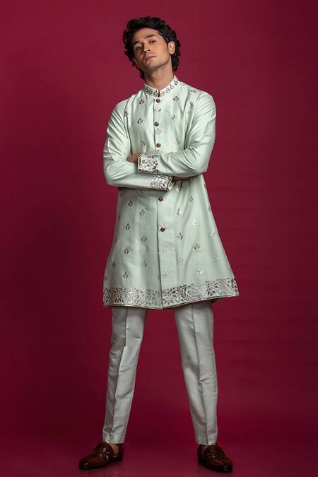 Jayesh Shah_Green Silk Foil Printing Kurta And Pant Set_Online_at_Aza_Fashions