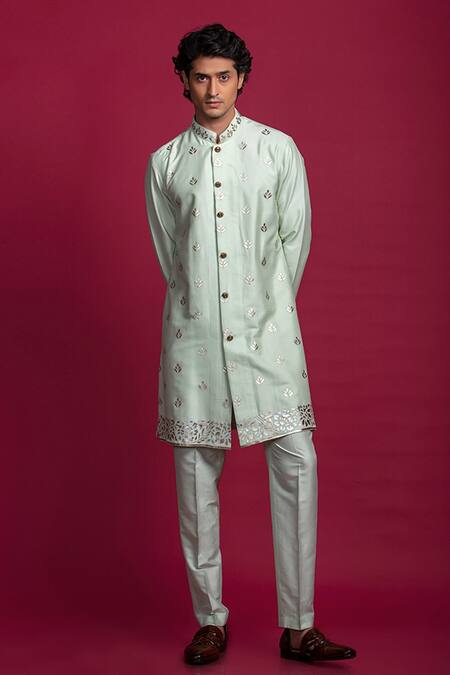 Buy_Jayesh Shah_Green Silk Foil Printing Kurta And Pant Set_Online_at_Aza_Fashions