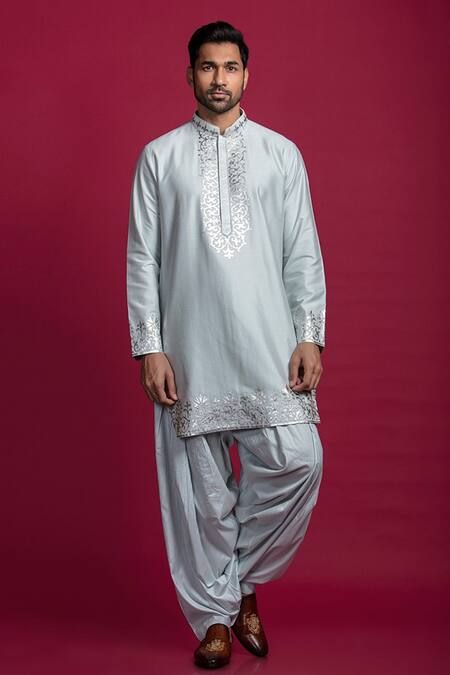 Jayesh Shah_Blue Silk Foil Printing Printed Kurta And Patiala Pant Set_Online_at_Aza_Fashions