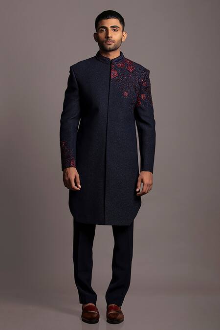 Jayesh Shah_Blue Shimmer Glitter Polinosic Embroidered Floral Patch Sherwani And Pant Set_Online_at_Aza_Fashions