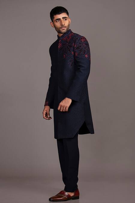 Buy_Jayesh Shah_Blue Shimmer Glitter Polinosic Embroidered Floral Patch Sherwani And Pant Set_Online_at_Aza_Fashions