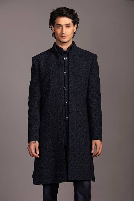 Jayesh Shah_Blue Lucknowi Hand Embroidered Sequins Sherwani With Kurta Set_Online_at_Aza_Fashions