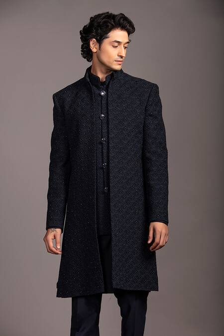 Buy_Jayesh Shah_Blue Lucknowi Hand Embroidered Sequins Sherwani With Kurta Set_Online_at_Aza_Fashions