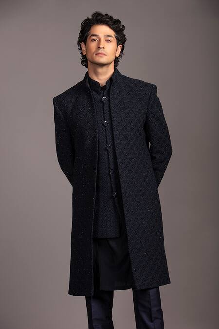 Shop_Jayesh Shah_Blue Lucknowi Hand Embroidered Sequins Sherwani With Kurta Set_Online_at_Aza_Fashions