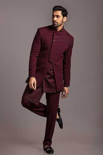 Shop_Jayesh Shah_Wine Dobby Embroidered Sequins Border Cross-cut Sherwani Set_Online_at_Aza_Fashions