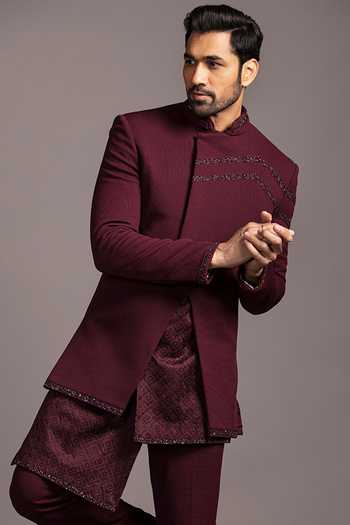 Jayesh Shah_Wine Dobby Embroidered Sequins Border Cross-cut Sherwani Set_at_Aza_Fashions