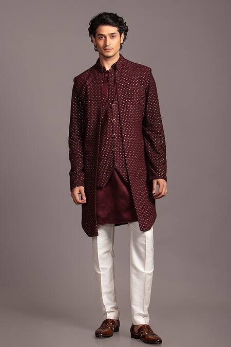 Buy_Jayesh Shah_Wine Satin, Geometric Printed Longline Bundi Set_Online_at_Aza_Fashions