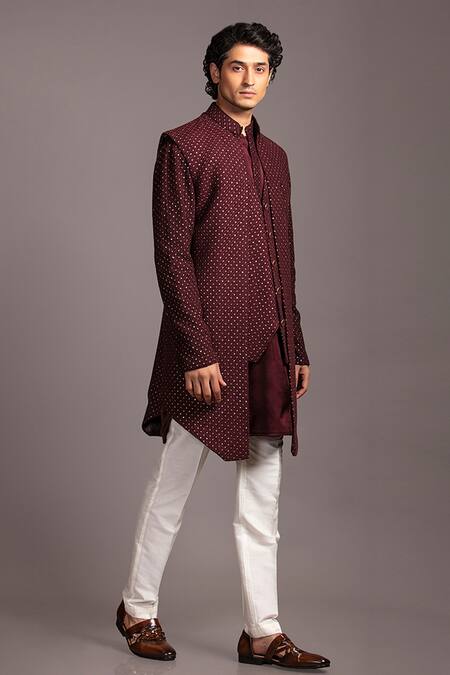 Shop_Jayesh Shah_Wine Satin, Geometric Printed Longline Bundi Set_Online_at_Aza_Fashions
