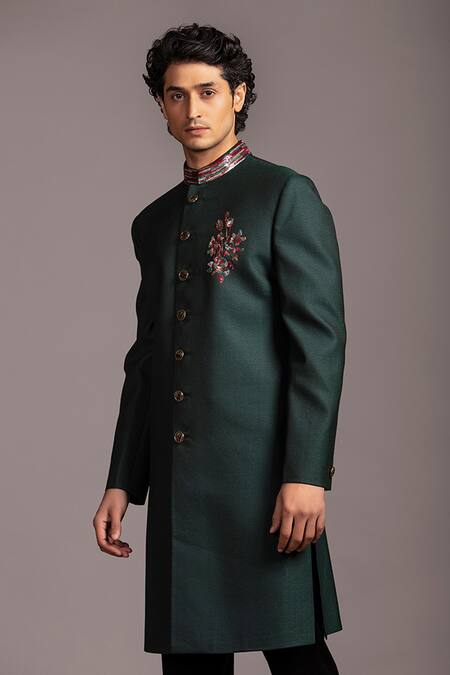 Buy_Jayesh Shah_Green Terry Wool Embroidered Floral Placement Sherwani And Pant Set_Online_at_Aza_Fashions