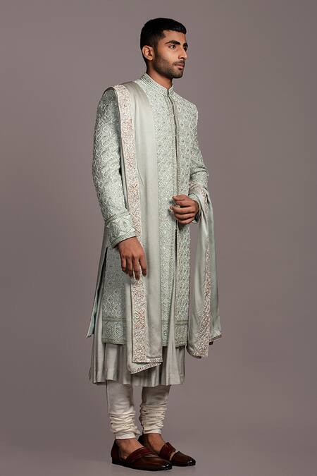 Jayesh Shah_Green Matka Hand Embroidered Thread Sherwani With Kurta Set_Online_at_Aza_Fashions