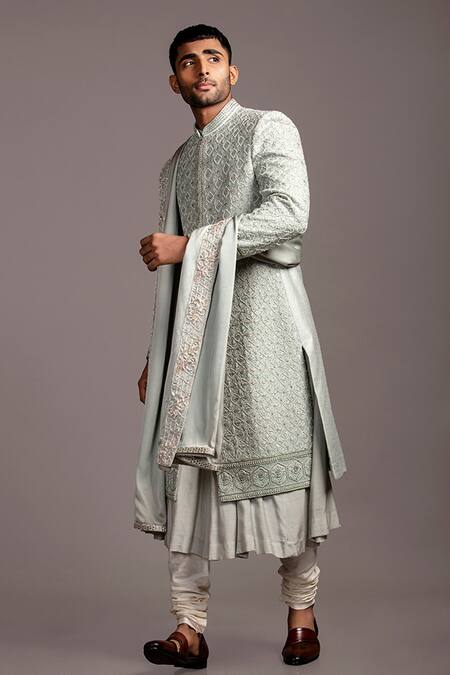 Buy_Jayesh Shah_Green Matka Hand Embroidered Thread Sherwani With Kurta Set_Online_at_Aza_Fashions