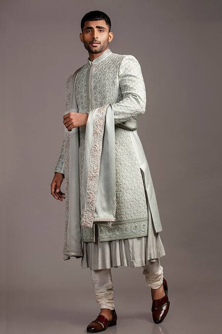 Shop_Jayesh Shah_Green Matka Hand Embroidered Thread Sherwani With Kurta Set_Online_at_Aza_Fashions