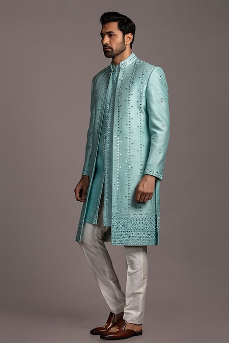 Jayesh Shah_Blue Tussar Dupion Silk Embroidered Mirror A-line Sherwani Set_Online_at_Aza_Fashions
